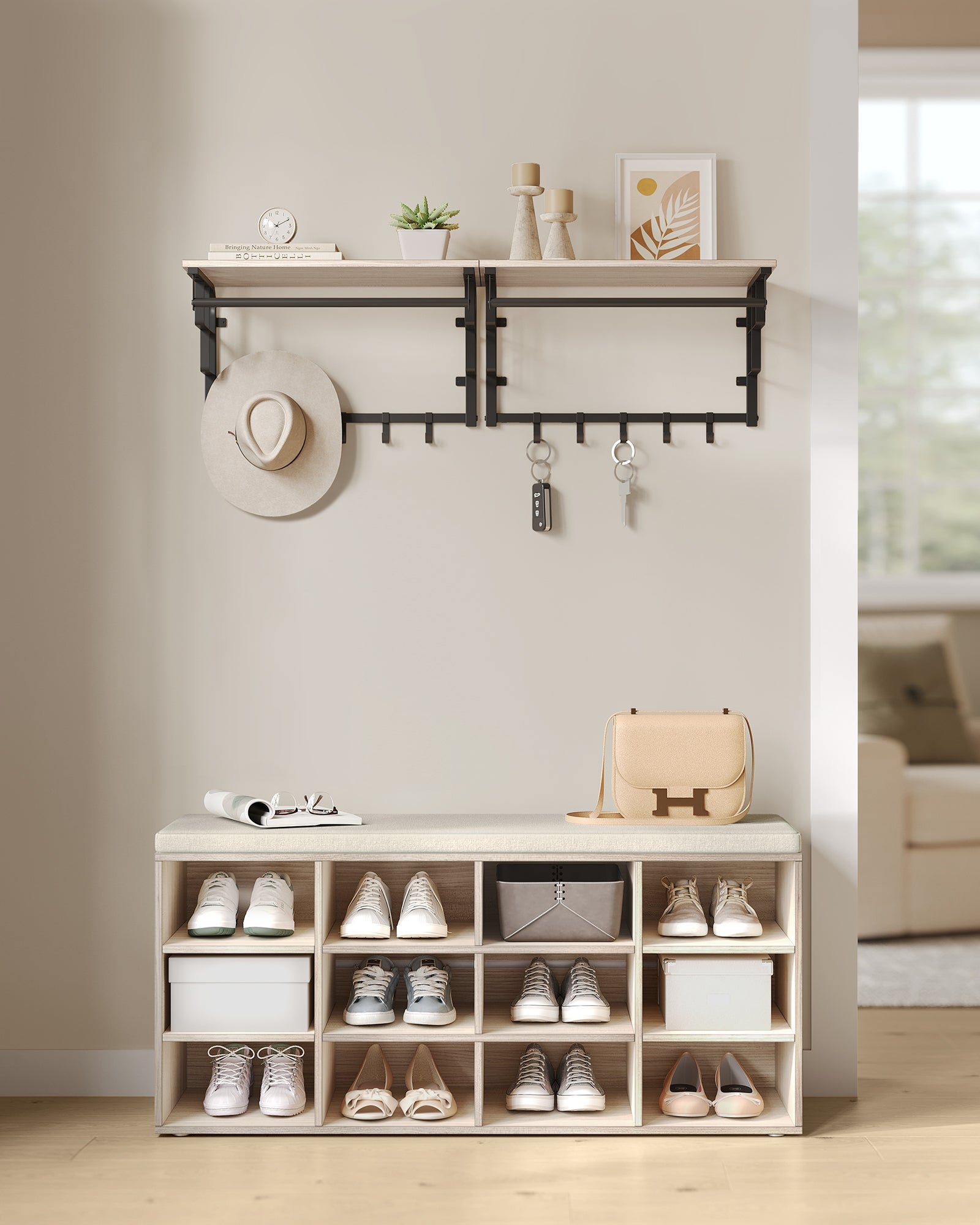 Banc à Chaussures, Assise Rembourrée et 12 Compartiments, Étagère Porte-chaussures, Capacité de Charge 136 kg, Beige Naturel - 2