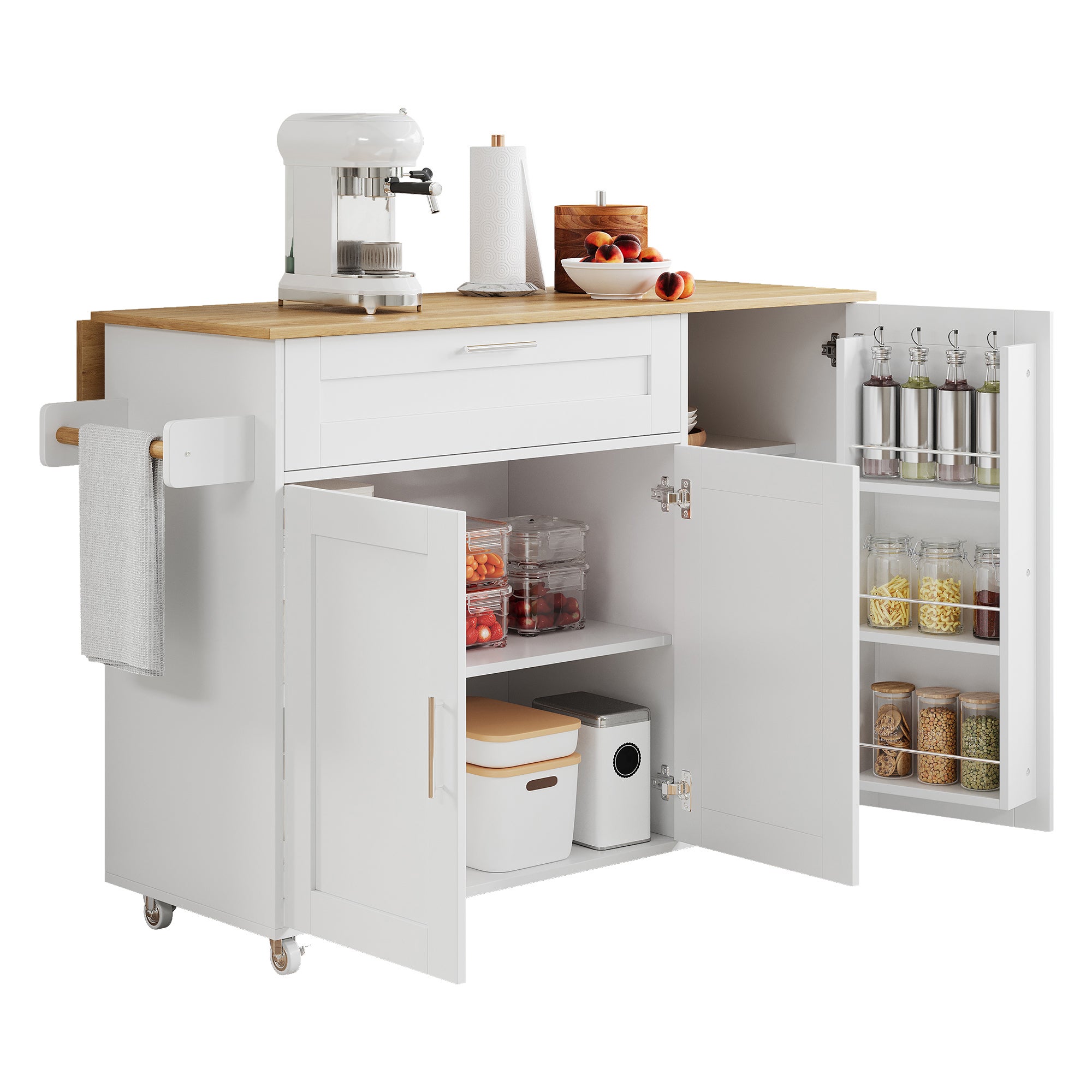 Ilot central de cuisine mobile avec 3 portes et 1 tiroir - Plateau extensible - 132.5x44(70)x90 cm - Bois MDF - Blanc et naturel - 4
