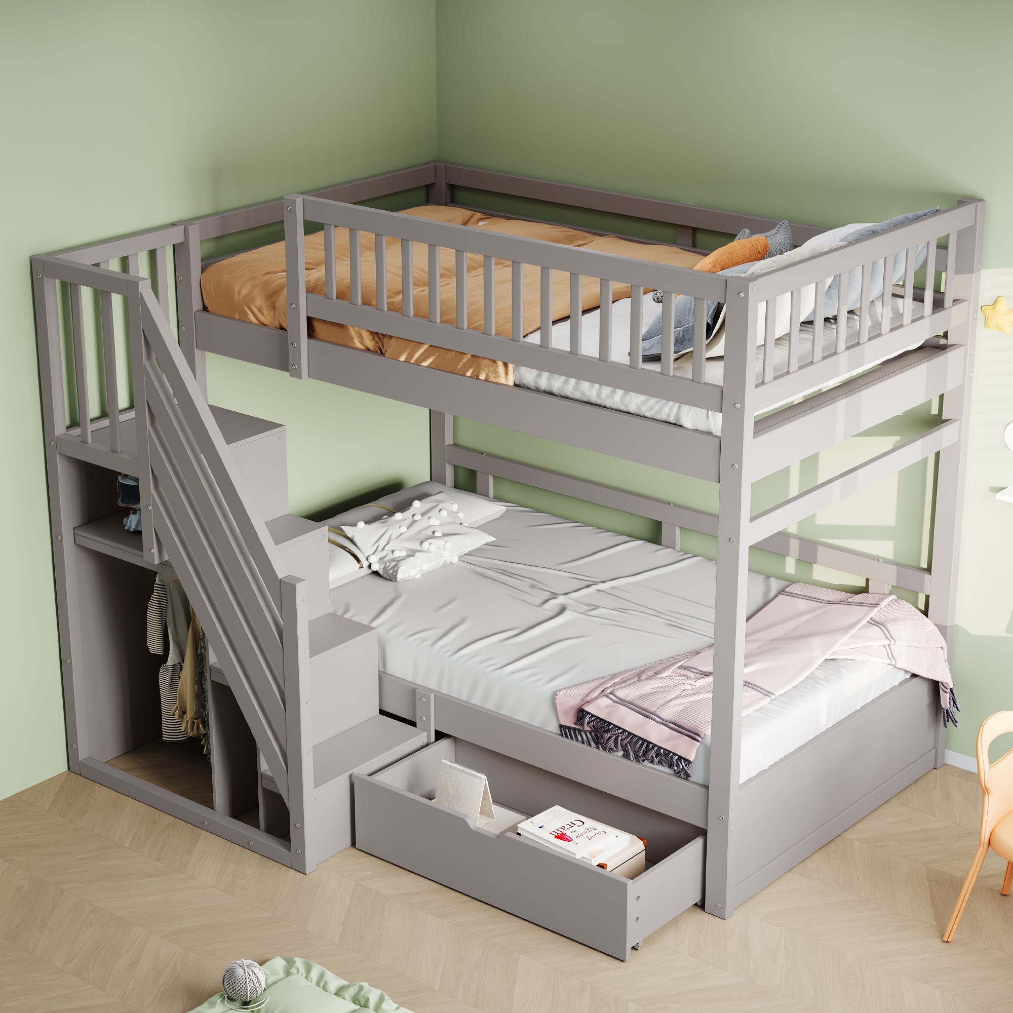 Lit superposé bois massif 90*200cm (gris) : barrière haute, sommier ...