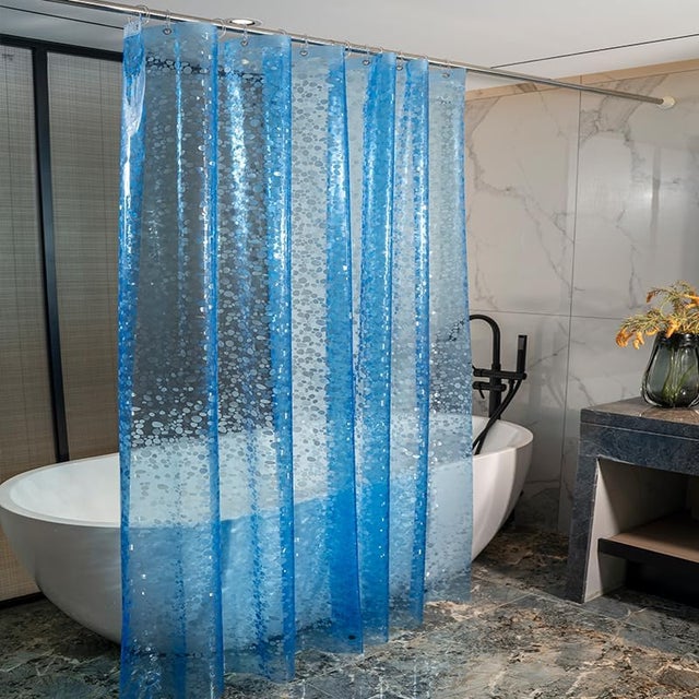 Cortina de chuveiro de plástico, 180 x 200 cm, PEVA, padrão de seixos 3D, à prova d'água (azul)