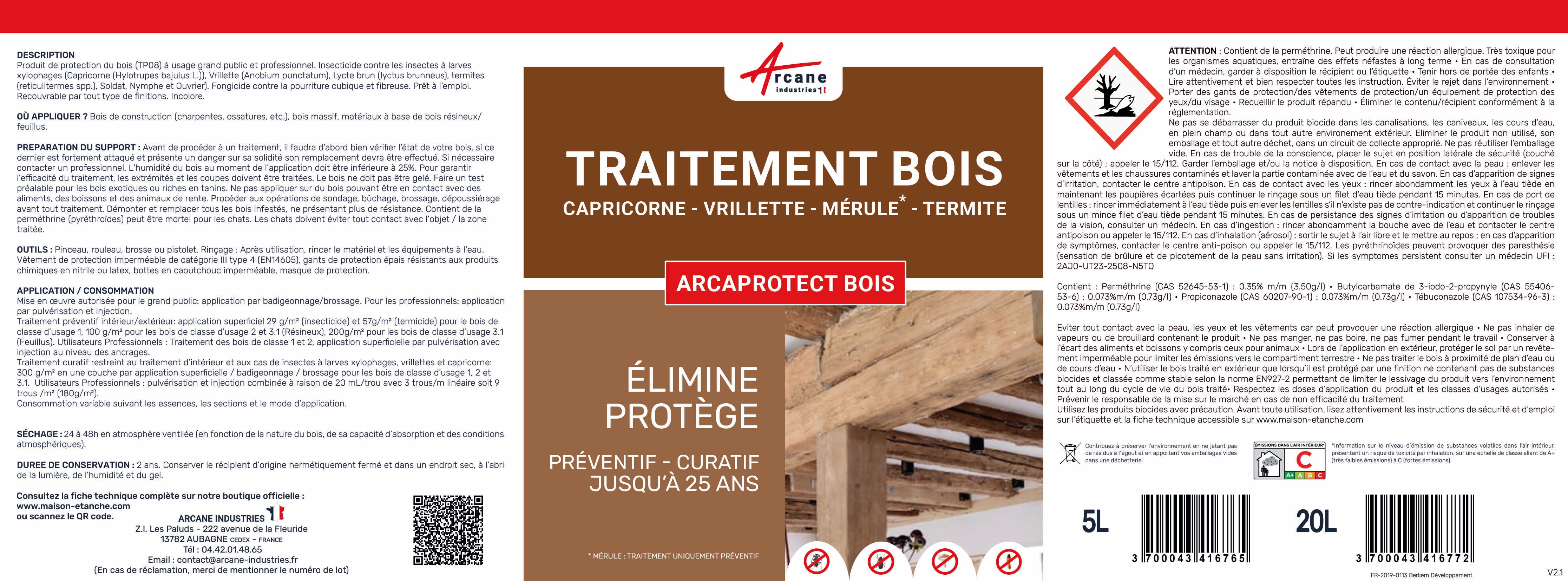 Traitement bois extérieur, intérieur pour insectes xylophènes et champignons | ARCAPROTECT BOIS - 5 L - ARCANE INDUSTRIES - 6