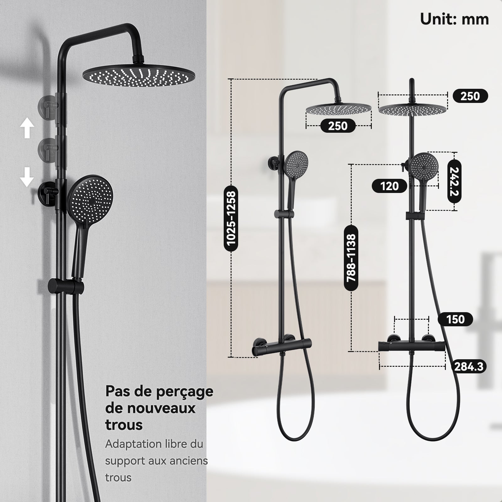 Columna de ducha negra,termostática,con cabezal de ducha 3 chorros, 25 x 25 cm Cabezal de ducha, altura ajustable,conjunto ducha para baño,redondo - 5