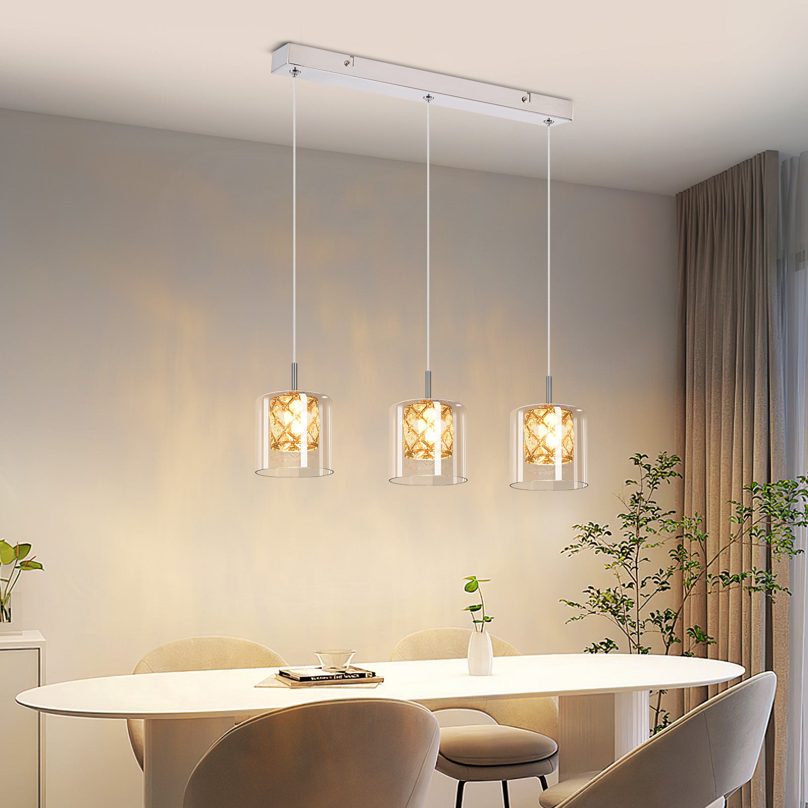 NETTLIFE Candeeiro Suspenso Mesa de Jantar G9 3 Lâmpadas Vidro Cristal Vintage 120cm Altura Ajustável Moderno para Sala e Jantar (Sem Lâmpadas) - 6