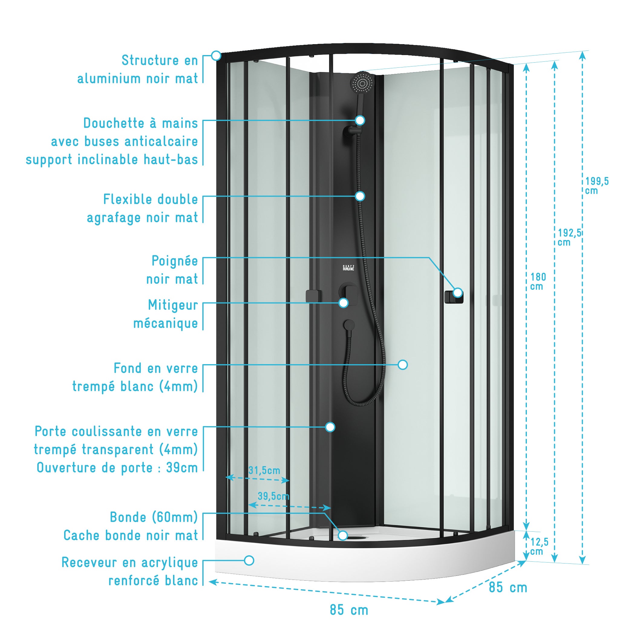 Cabina Doccia Semicircolare 85x85x200cm - Porte Scorrevoli - Pannelli Bianchi e Profili Neri Opachi - 4