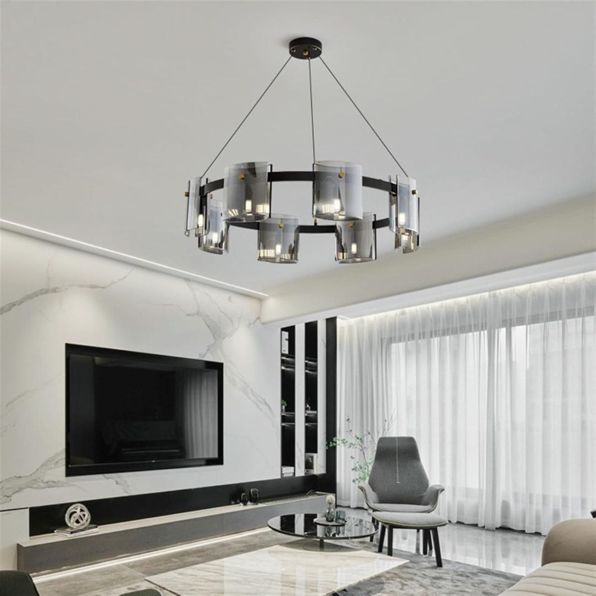 Candelabru Modern, Valmontreux Largo, 8xG9, Diametru 80cm, Negru si Cristale Cenusii, Inaltime Reglabila, Metal si Cristal