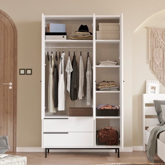 Armadio Salisbury 3 Ante Battenti, 4 Ripiani E 3 Cassetti – Design Moderno Bianco 200x135x52 Cm, Barra Appendiabiti