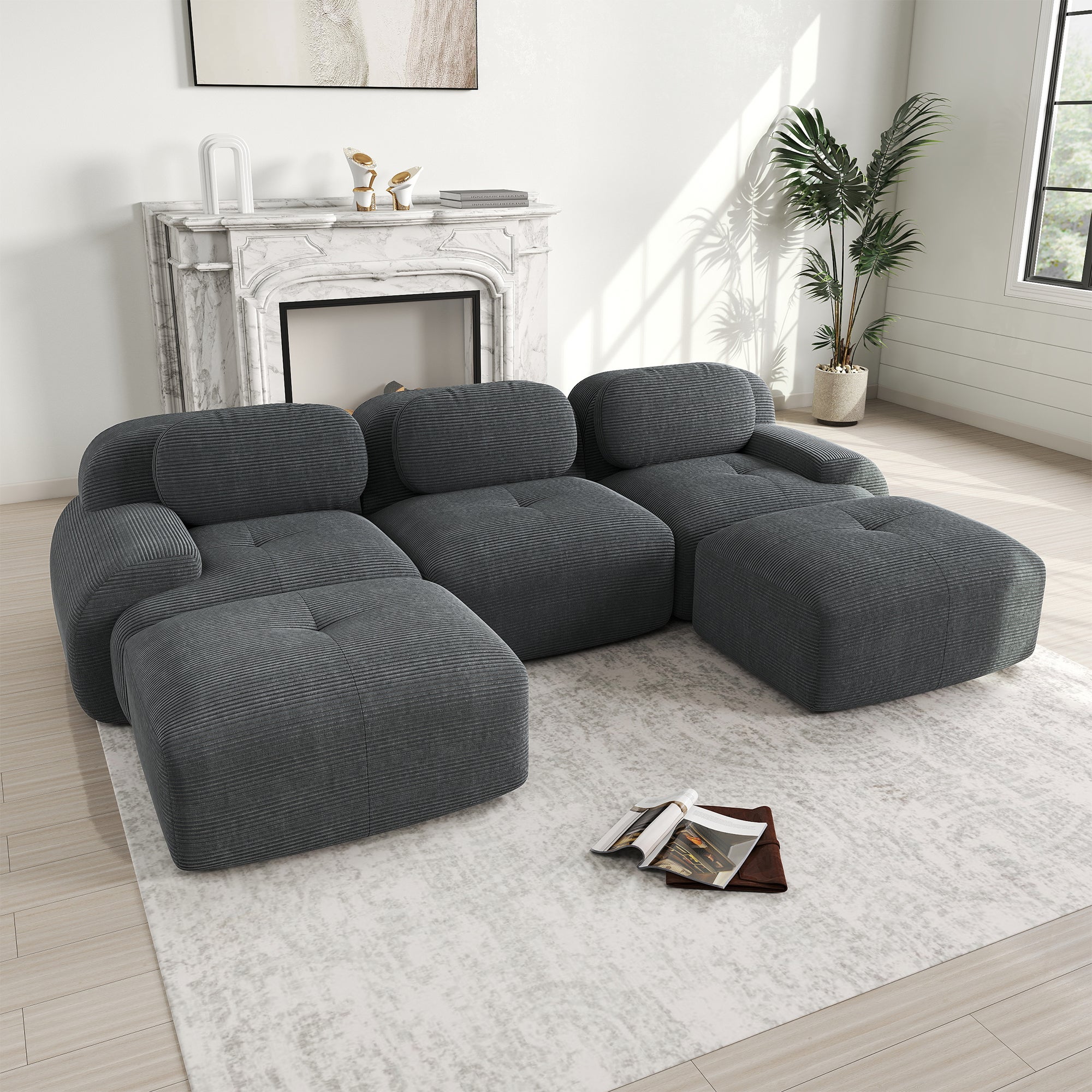 Canapé U modulable en tissu cord premium, Canapé d'Angle antidérapant, accoudoirs extra larges, rembourrage 32D, Canapé 3 Places Gris, sans montage - 2