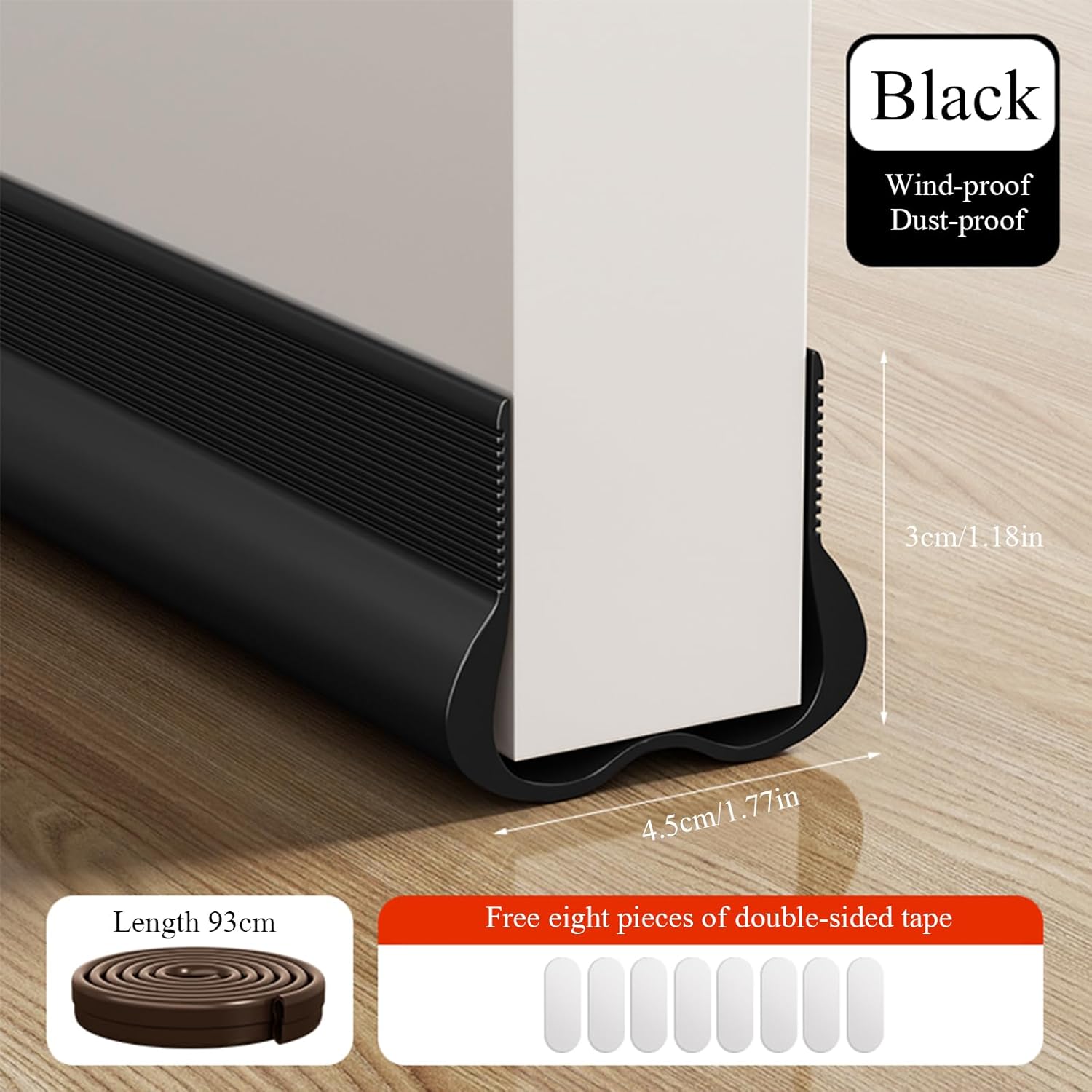 Calfeutrage Noir de 93 cm pour bas de porte - Joint d'étanchéité en silicone sans colle - isolation phonique - seuil de porte anti-courants d'air - 4
