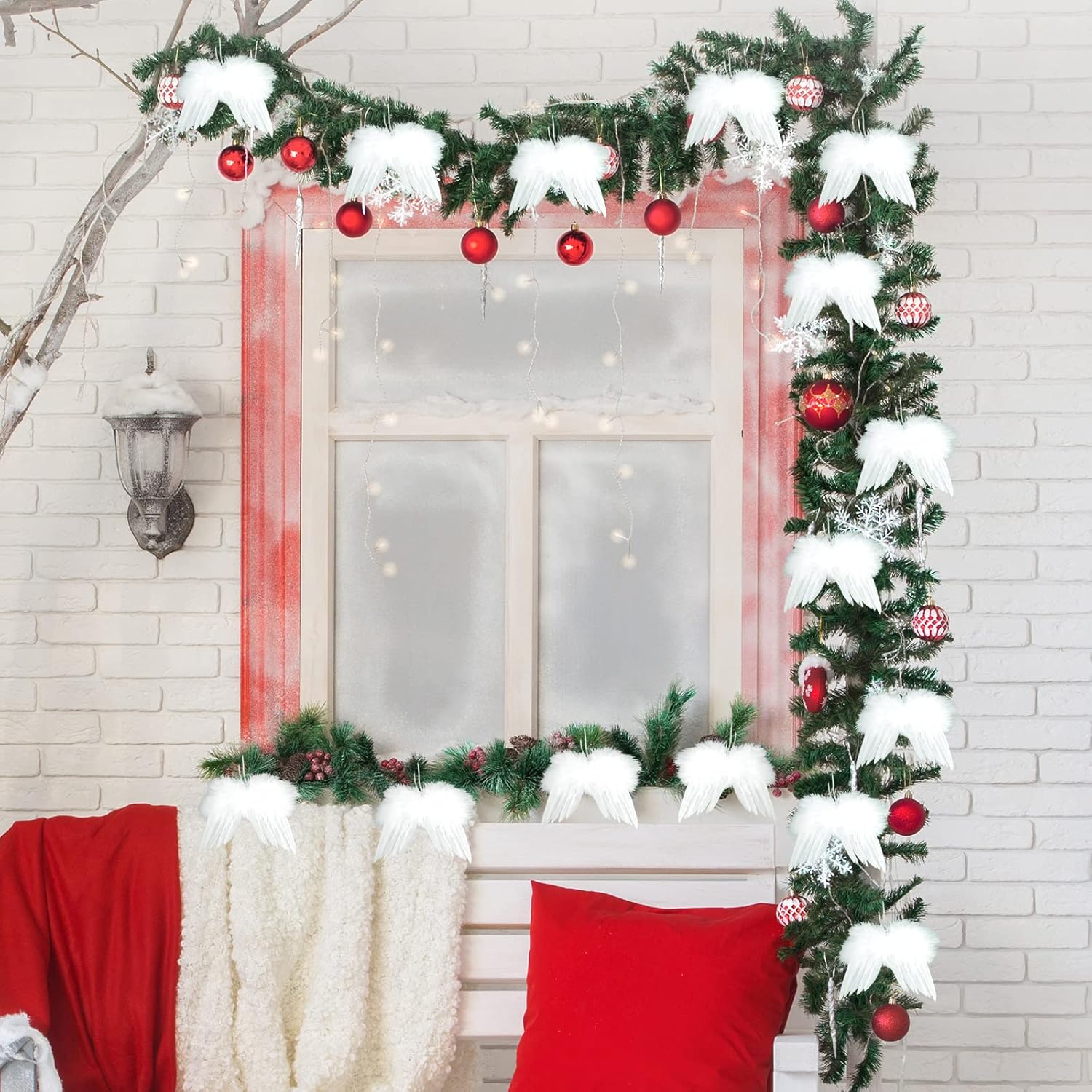 12 peças de enfeites de Natal vintage com penas brancas, asas de anjo com penas brancas, decoração de árvore para artesanato faça você mesmo - 6