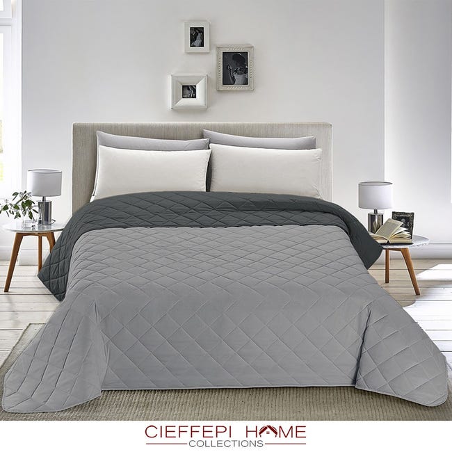 Copriletto Matrimoniale Double Face 240x250 Cm - Microfibra Soffice - Grigio Chiaro/grigio Scuro - Anallergico E Lavabile - Foto 8