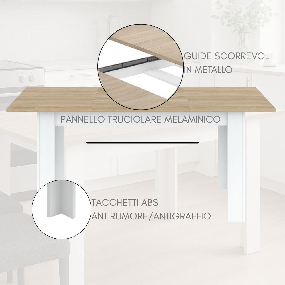 Tavolo da Pranzo Allungabile Moderno Ripiano Estensibile in Legno Melaminico Bianco Rovere cm 140/190x90x78h cm - 5