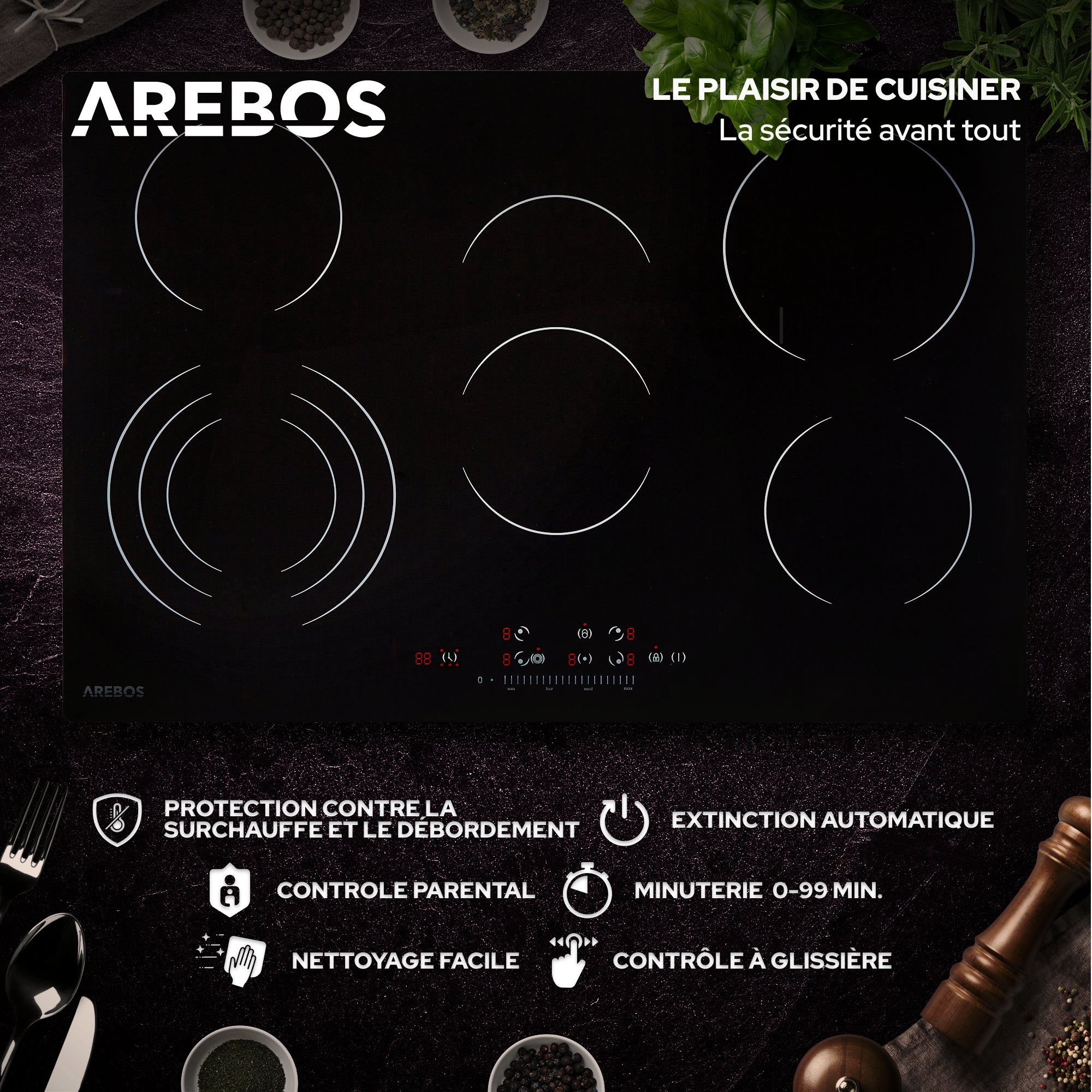 AREBOS Table de cuisson vitrocéramique encastrable 5 zones – 8700W avec minuterie & sécurité enfants - 3