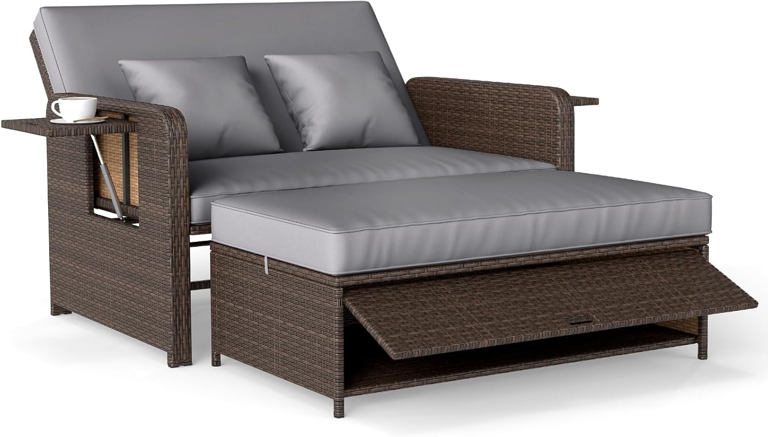 GIANTEX Salon de Grădină în Rotin cu Sarcină Otomană de Rangement 360KG, cu Dosier Retractabil Plato Lateral Reglabil 4 Poziții Perne, Gri