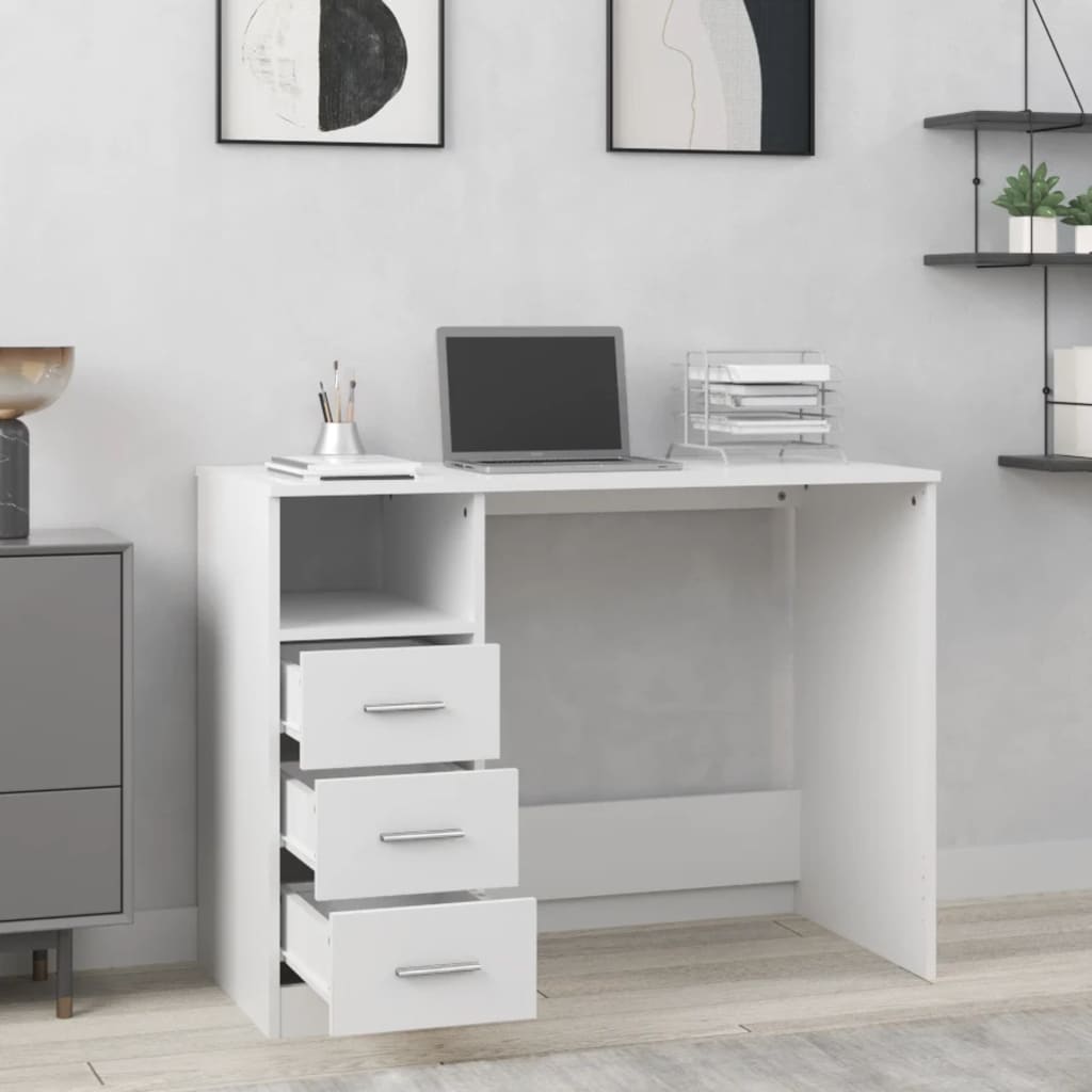 Bureau，Table de travail，Table d'étude avec tiroirs Blanc 102x50x76 cm Bois d'ingénierie CWV15147 - 3