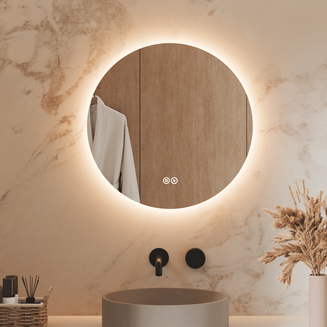 S'AFIELINA Espejo de baño LED redondo de 50 cm con interruptor de luz táctil de 3 colores
