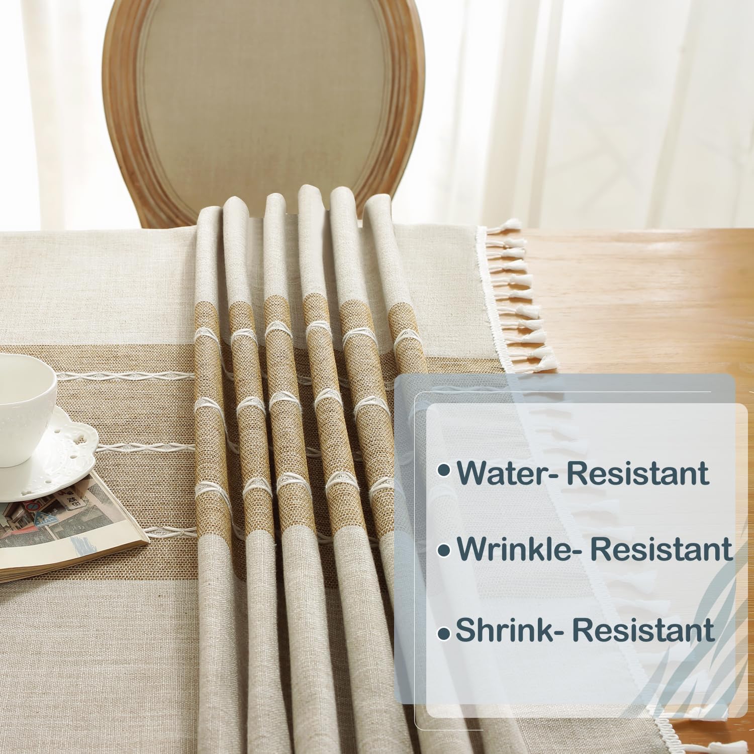 Tovaglia beige/marrone, 110*170cm, 1 pezzo, con nappe, in simil lino e cotone, lavabile, stile moderno e minimalista. - 4