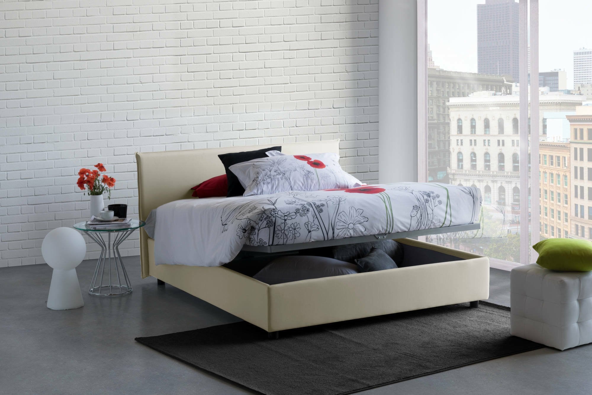 Lit double Beata, Lit coffre en tissu, Ouverture frontale, Avec matelas 140x190 cm inclus, 100% Made in Italy, Beige - 5