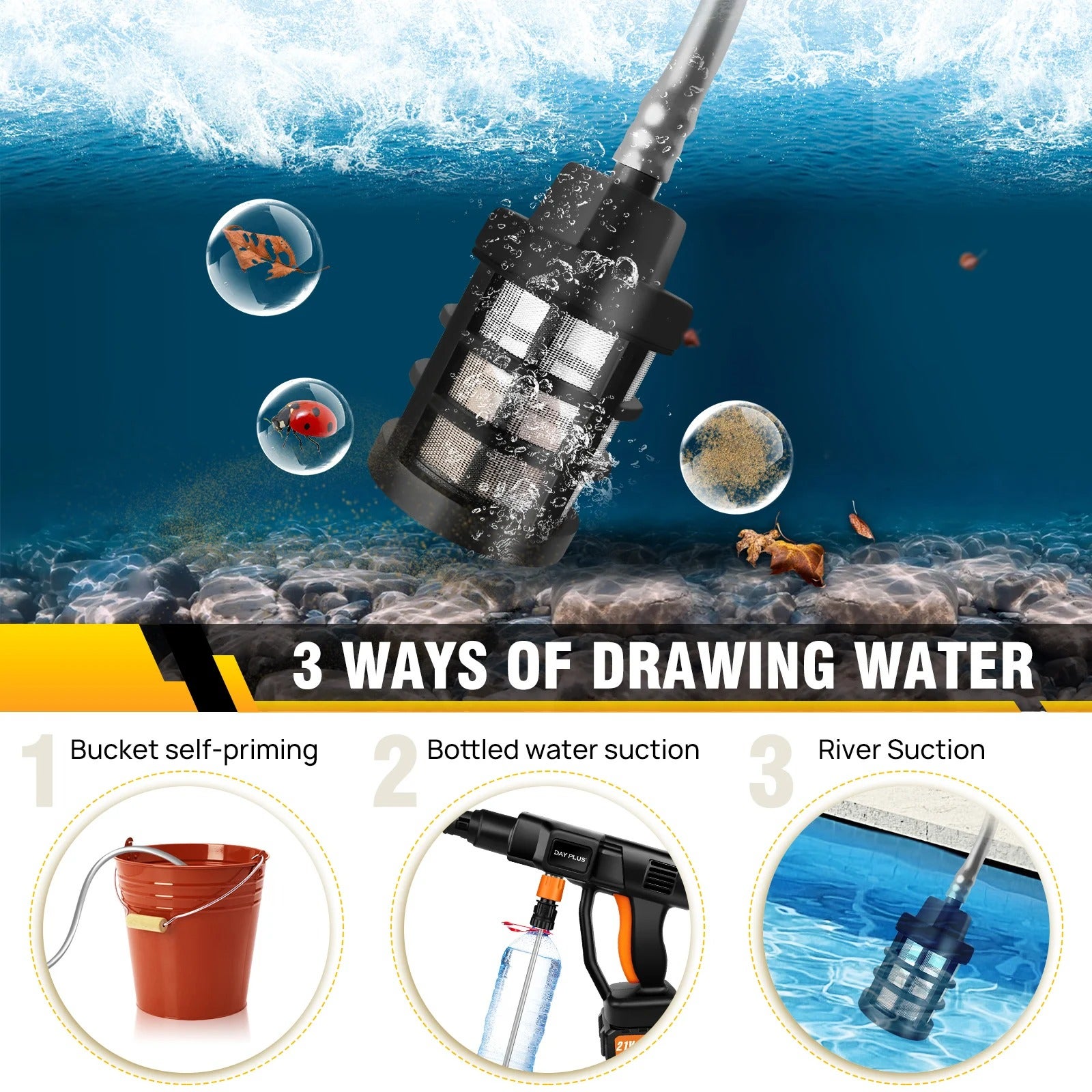 Laveur Haute Pression Sans Fil 45 Bars/652 PSI - 6 EN 1 21V 3.0Ah - Buse Multifonction & Tuyau 5m - Pour Voiture, Jardin & Maison - 4