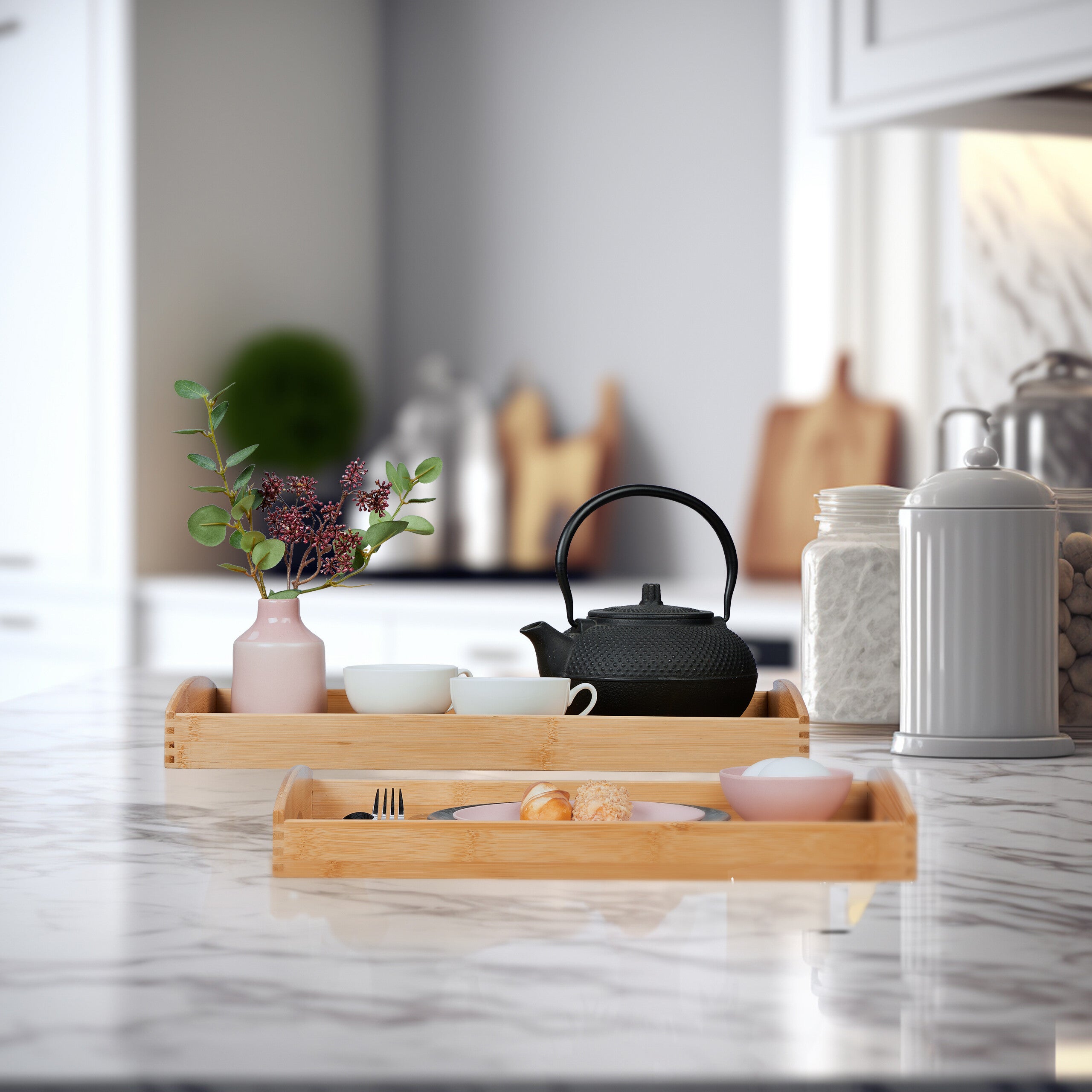 Vassoio In Bamb&ugrave; Rettangolare Con Manici - 40x28x3.5 Cm - Per Servire Colazione, Snack E Bevande