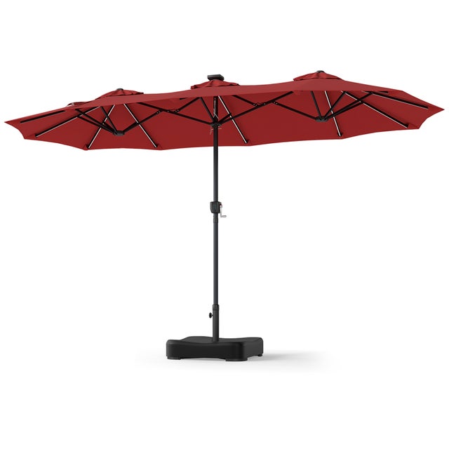 2 x 4 M Parasol de Jardin Double Face, 108 Lampes LED, Pied Lesté Inclus, 12 Baleines Robustes, Manivelle Pratique, 3 Aérations, Piscine, Cour, Rouge