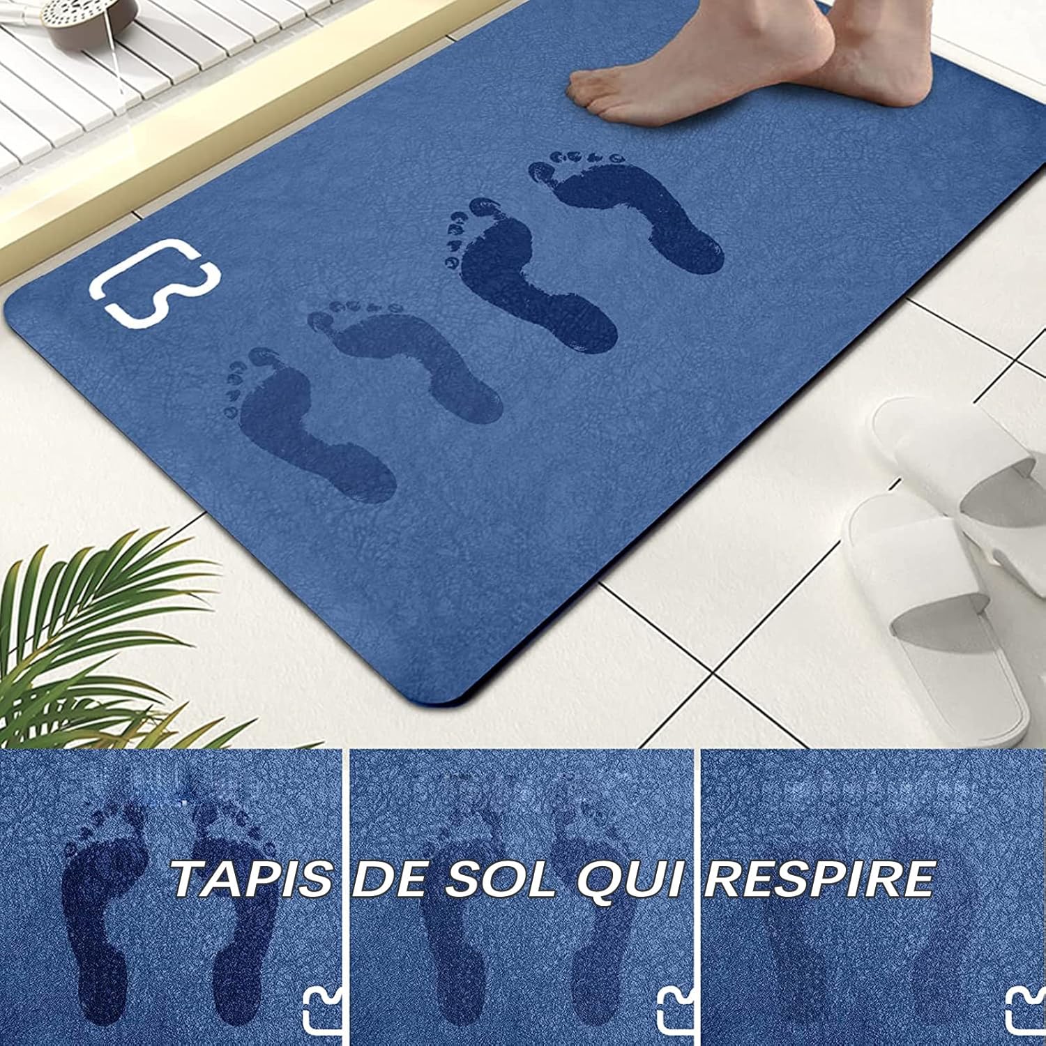 Tapis de Bain Antidérapant Super Absorbant Diatomite Tapis Salle de Bain Microfibre Tapis de Baignoire Tapis de Douche Doux Séchage Rapide (Bleu - 4