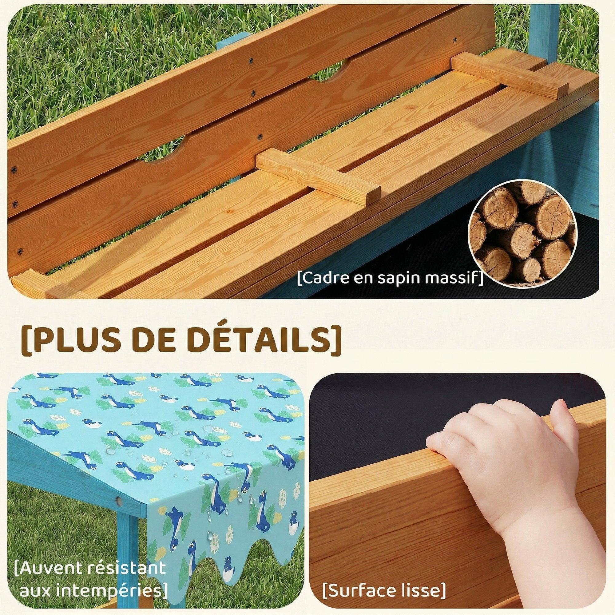 Bac à sable enfant - AIYAPLAY - couvercle et siège pliable - toile imprimée flamants - bois - bleu - 7