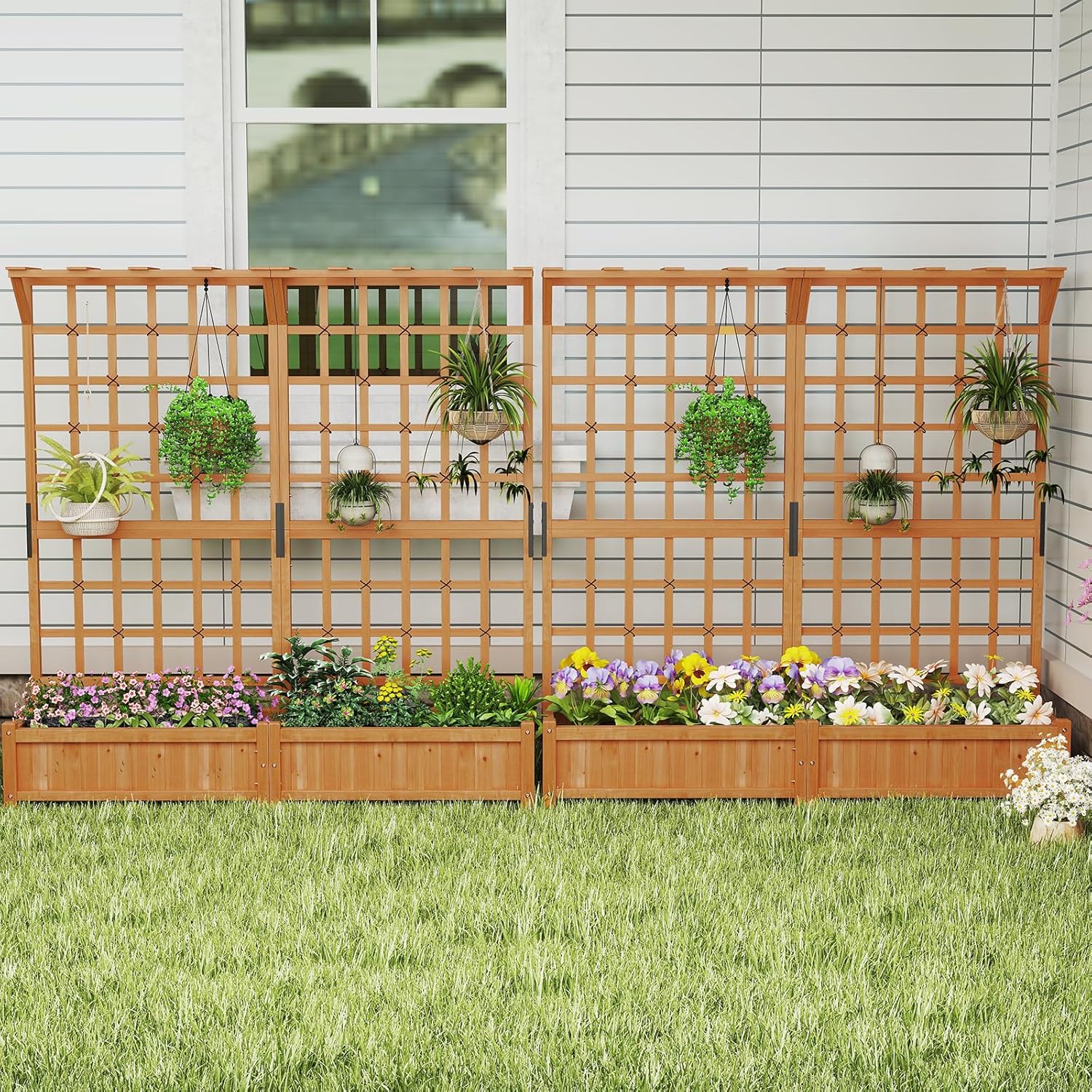 Jardinière avec 2 Treillis 2 Bacs Toit Suspendu en Bois, Lit de Jardin Surélevé pour Plante Grimpante, Orange (180 x 48 x 183 cm) - 8