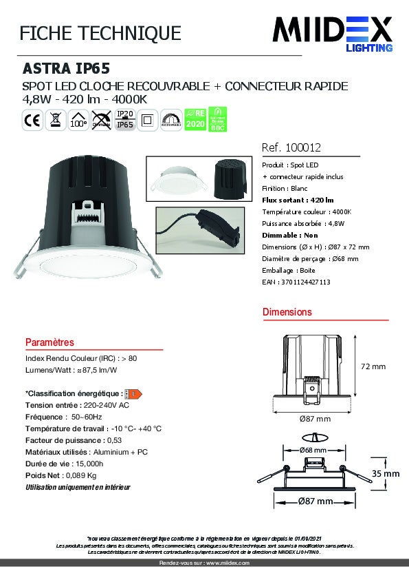 Spot LED encastrable IP65 - 4,8W - Blanc neutre - Cloche recouvrable - Connecteur rapide - 8