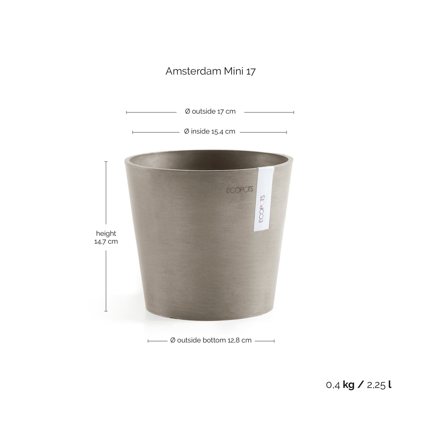 Ecopots Amsterdam 20 Pot de fleurs - L 20 cm x H 17,1 cm - Taupe - Intérieur et extérieur - 3