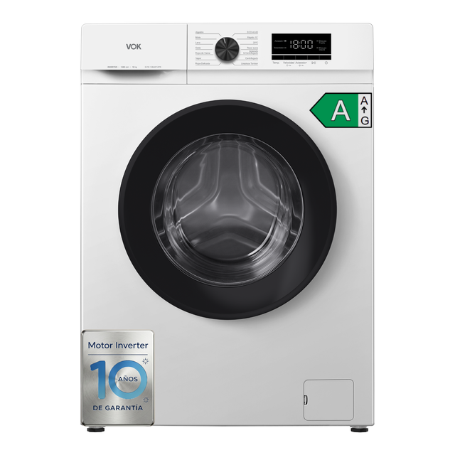 Lavadora VOK 10kg, Clase A, Motor Inverter, Vapor, 14 Programas, 1200 RPM, 74dB, 84x60x57 cm – EVW-10BAW12PR