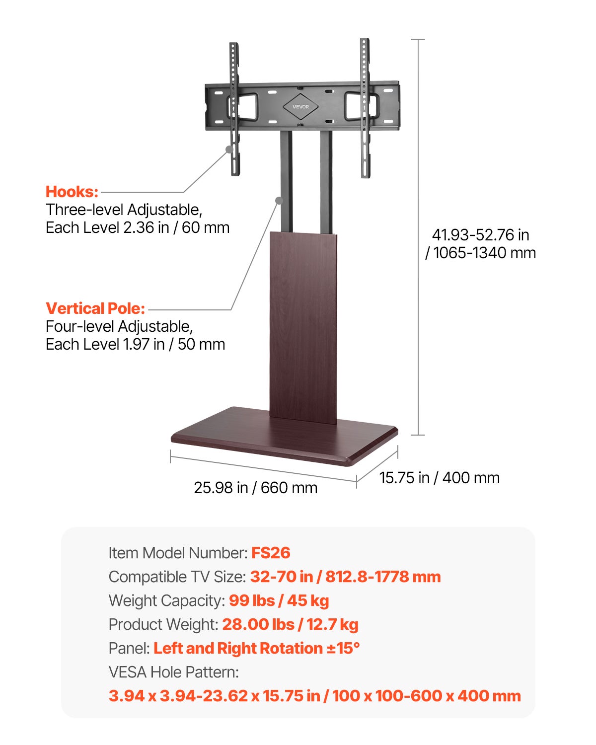 Support TV mobile universel,pour écrans VEVOR 32 à 70 pouces,avec multiprise,pivotant hauteur réglable,jusqu'à 45 kg,pour salon,chambre,bureau - 7