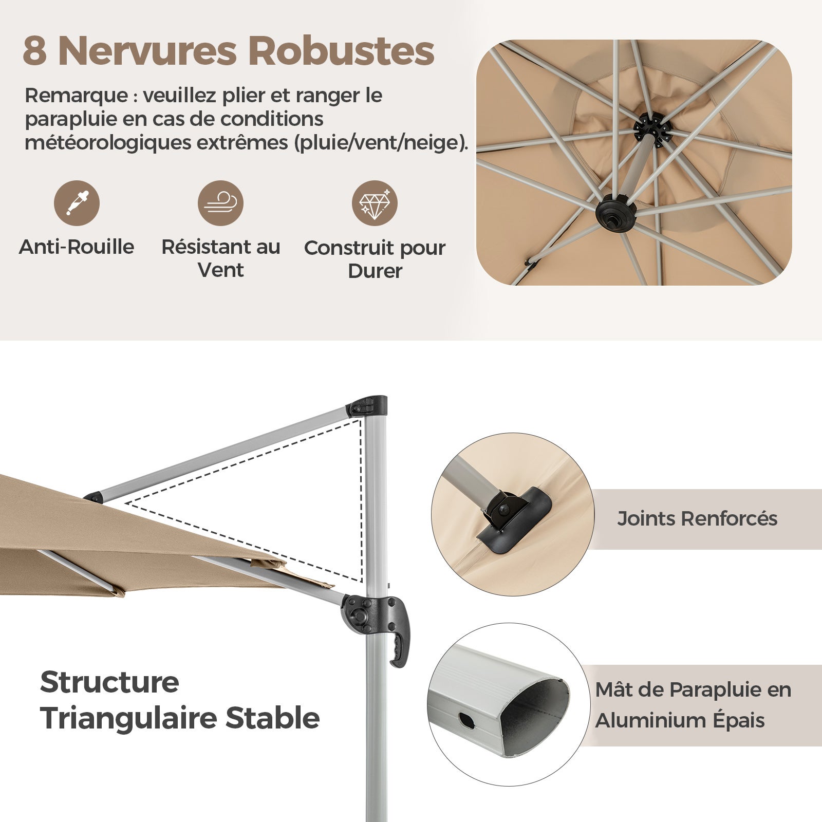 Parasol Déporté Φ339CM, Parasol de Jardin Rond Inclinable avec Base en Croix, 5 Angles et Hauteurs Réglables, Manivelle et Double Toit, Beige - 6