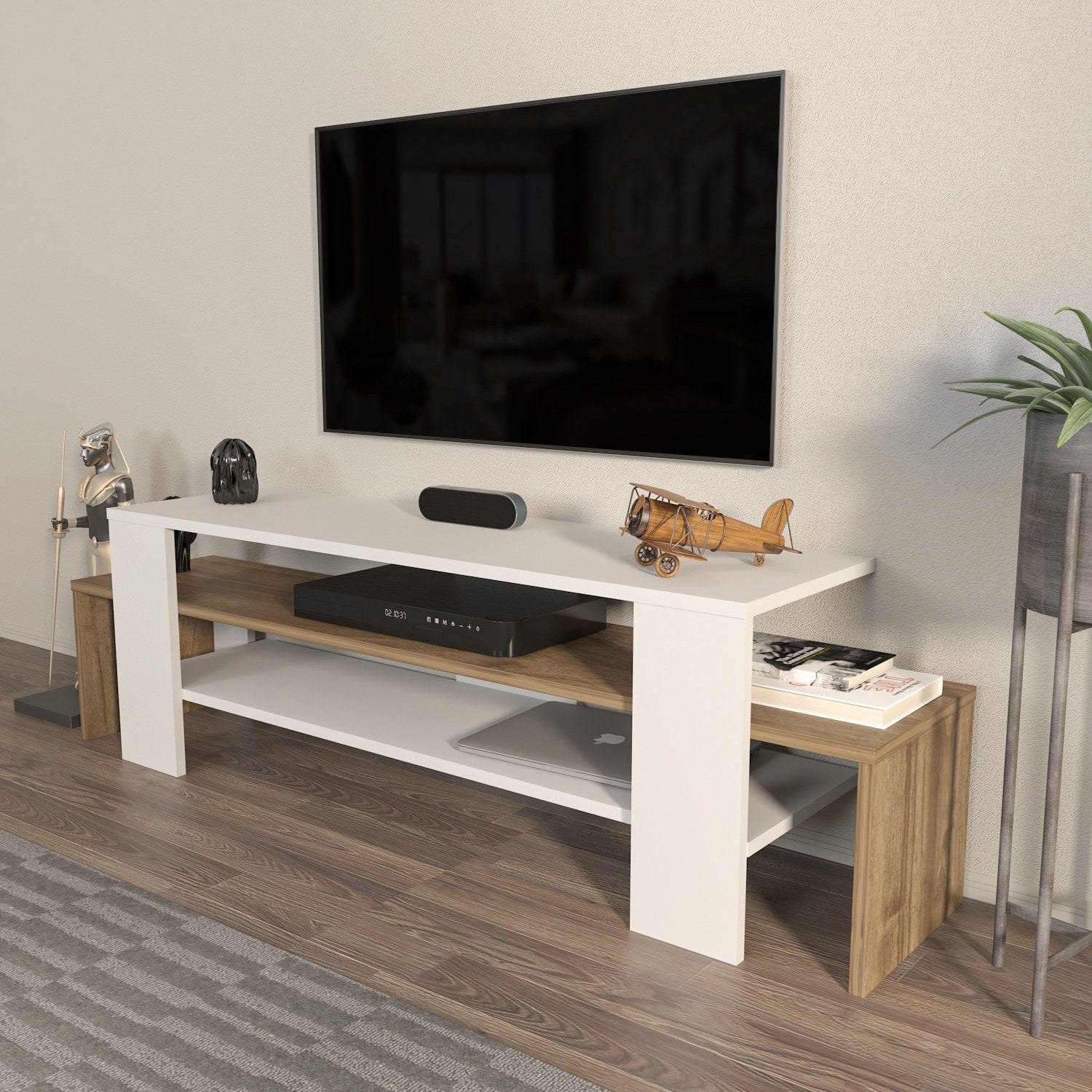 Elegante mobile porta TV, 150 cm di larghezza, bianco e noce, 45