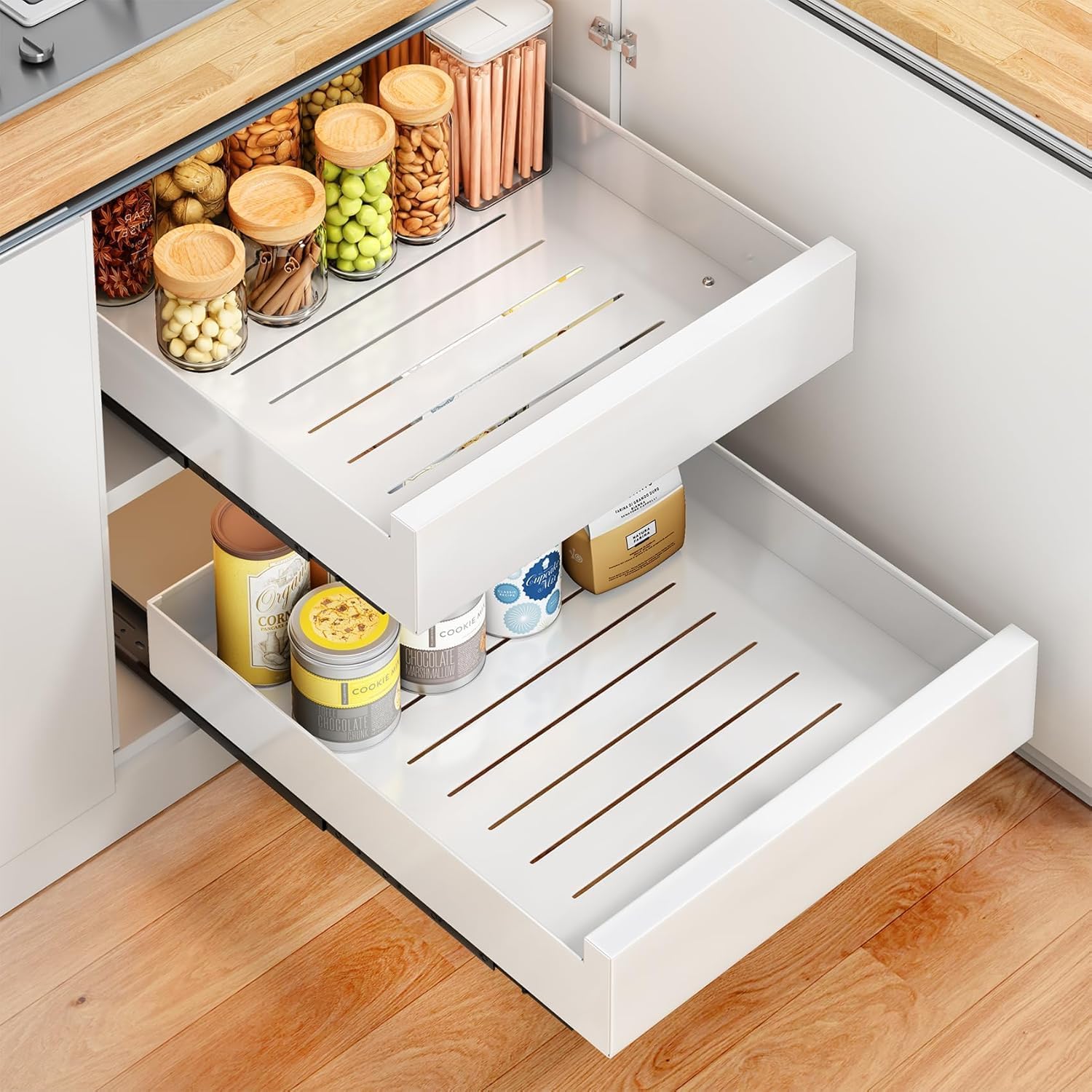 Tiroir Extensible Télescopique Pour Armoire De Cuisine - Ajustable De 39,5 à 56,5 Cm, Charge 25 Kg - Installation Adhésive Facile - 5