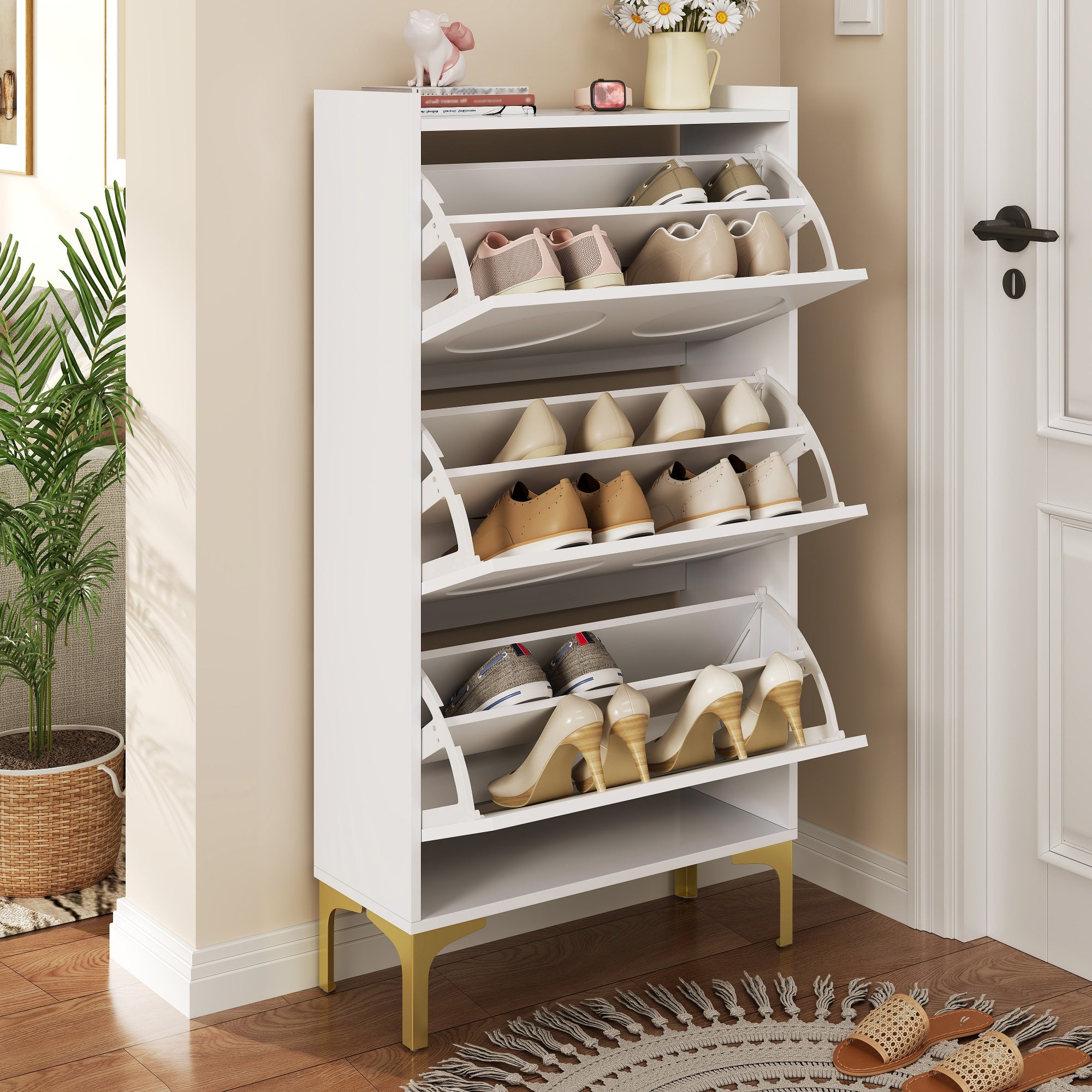 Meuble à chaussures avec 3 portes rabattables - 63 x 24 x 120 cm - MDF et pièds en métal doré - Blanc - 4