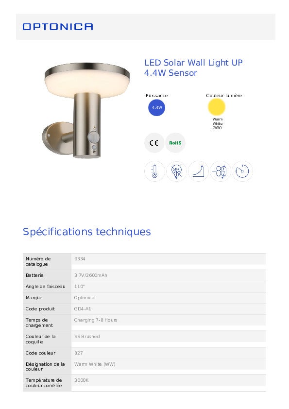Lampe Solaire Murale LED – 4.4W – Aluminium Brossé – Capteur – 600lm – IP44 - 7