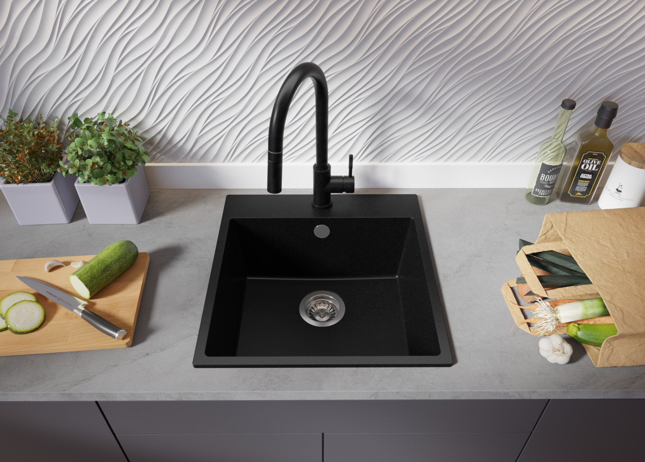 Evier Cuisine en Granit Noir 48x50cm, Lavabo 1 bac + Kit de Vidage, Évier à Encastrer au meuble 50cm - Riga PRIMAGRAN - 3