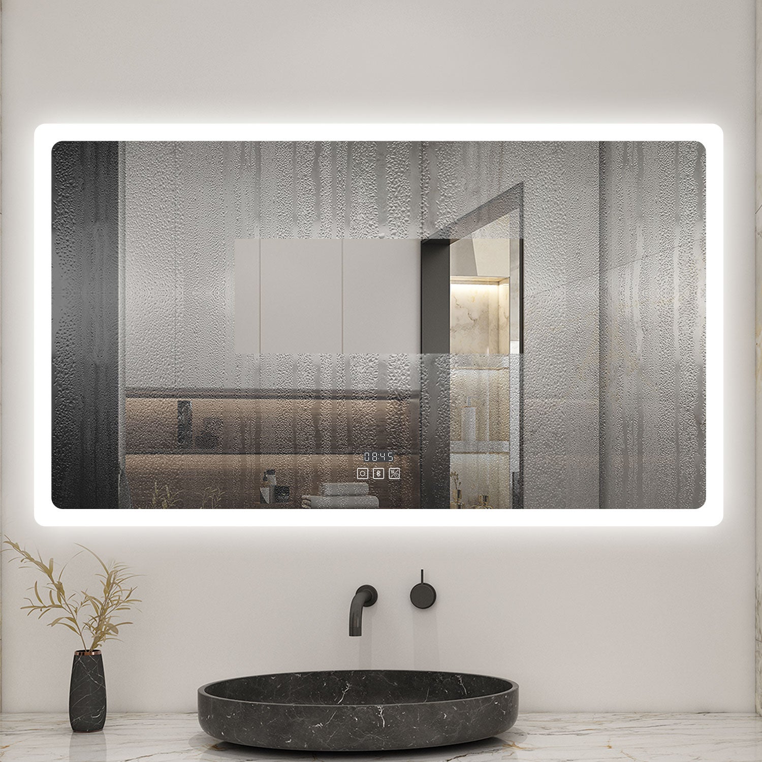 AICA Miroir lumineux rectangulaire 120 x 70cm, bluetooth + 3 couleurs + dimmable + horloge + anti-buée + mémoire, miroir salle de bain mural - 7