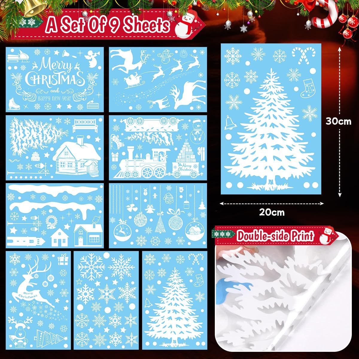 Lot De 6 Feuilles D'Autocollants Statiques Flocons De Neige - Déco Fenêtre Noël, PVC, Double Face - 10