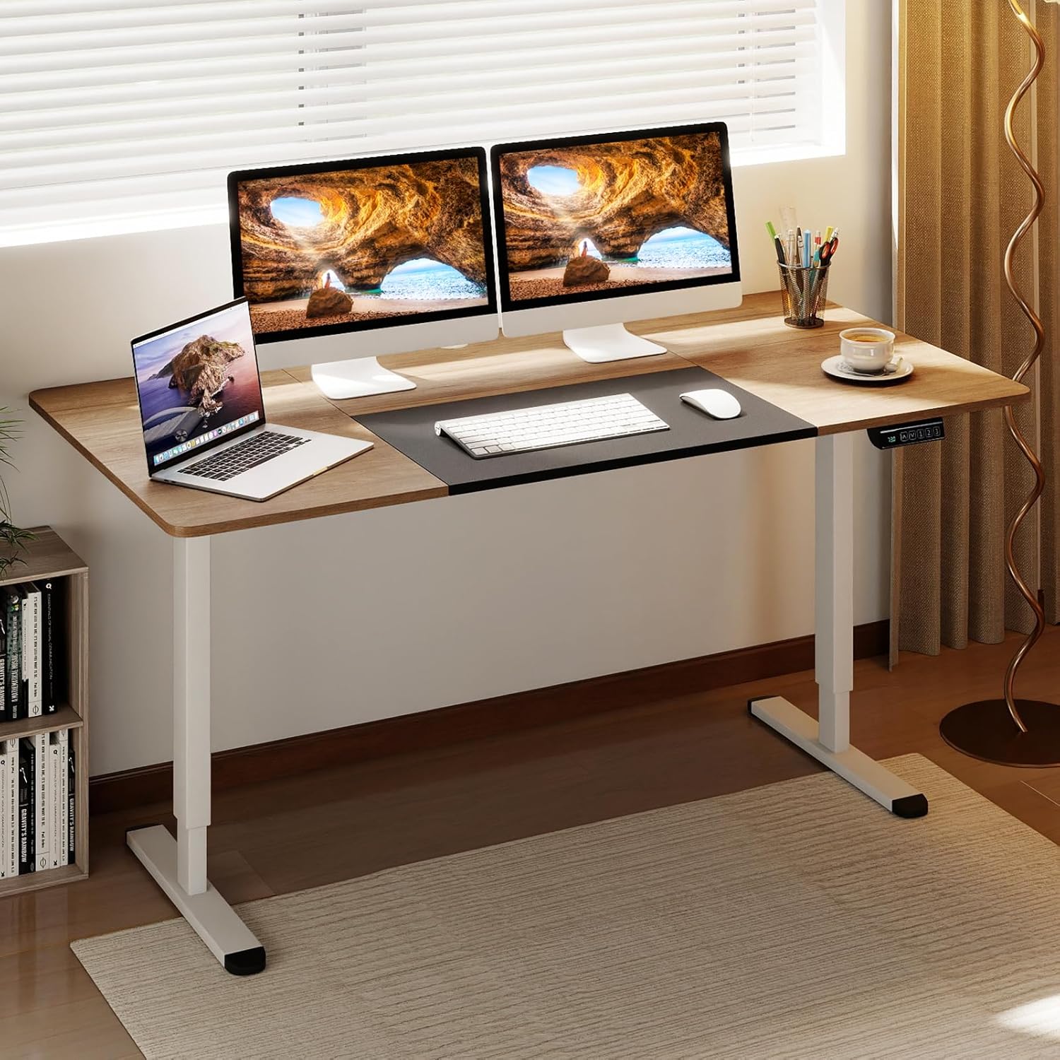 Bureau Electrique Réglable en Hauteur 140 x 70 cm, Table Assis Debout, Fonction Mémoire, Naturel Foncé - 2