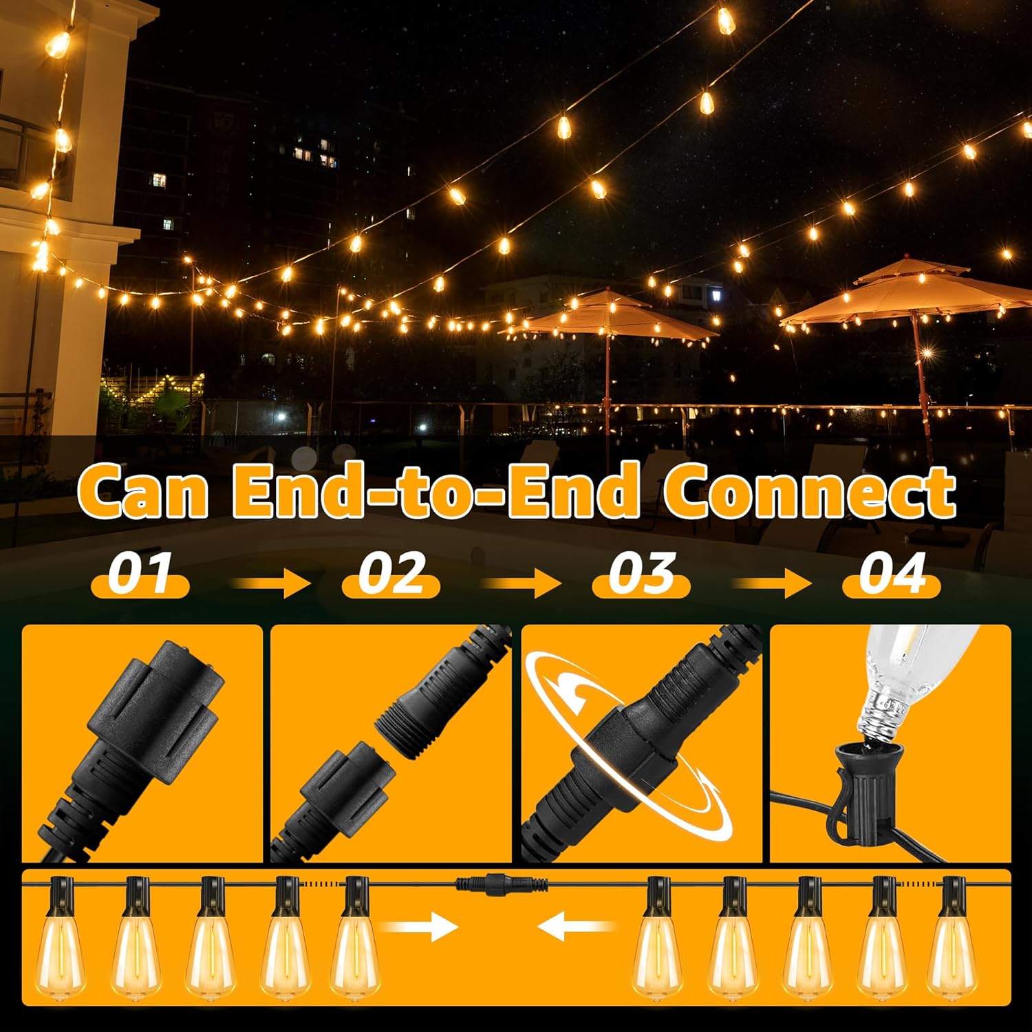 Guirlande lumineuse d'extérieur 7,5 m, LED, alimentée par secteur, avec prise/13+1 ampoules de rechange/crochet, éclairage blanc chaud brillant - 3