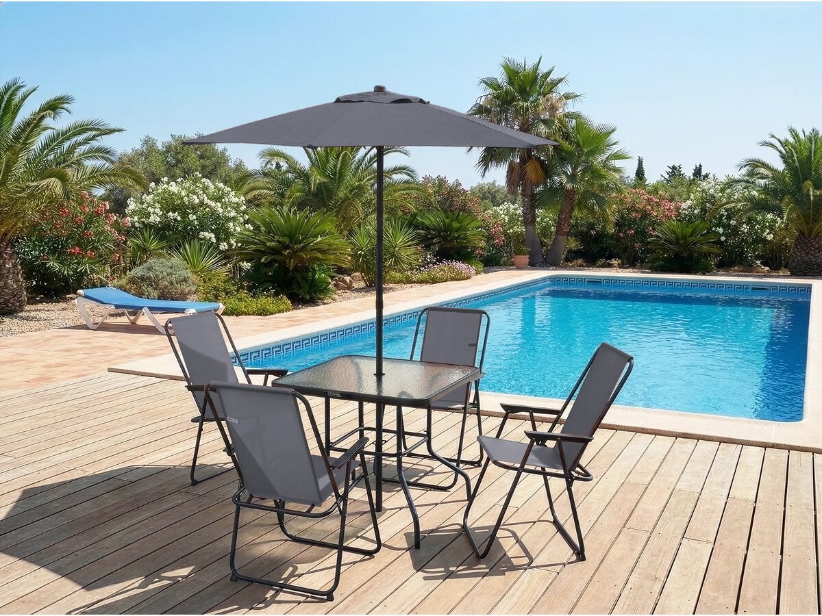 Mesa e cadeiras de jardim com guarda-sol de metal <> - 4 lugares - Cinza antracite - 2