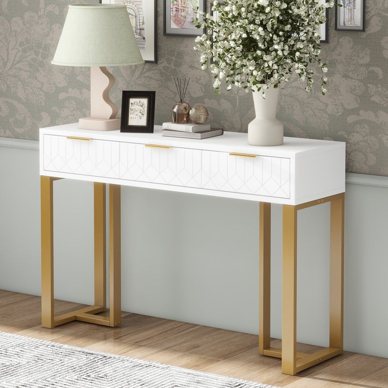 Nowoczesny stolik konsolowy z 3 szufladami - 120 x 36 x 80 cm - MDF - do salonu, przedpokoju - biały + złoty