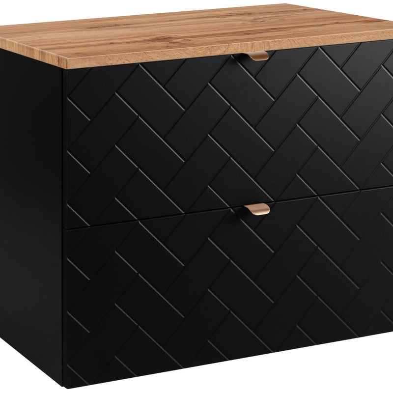 Czarna szafka łazienkowa MADIS 80 cm wisząca frezowane szuflady blat dąb wotan