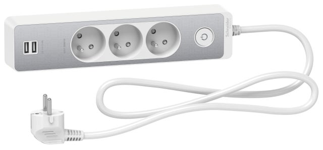 Bloc multiprise 3 prises 2P+T + 2 USB - Blanc et alu - Schneider