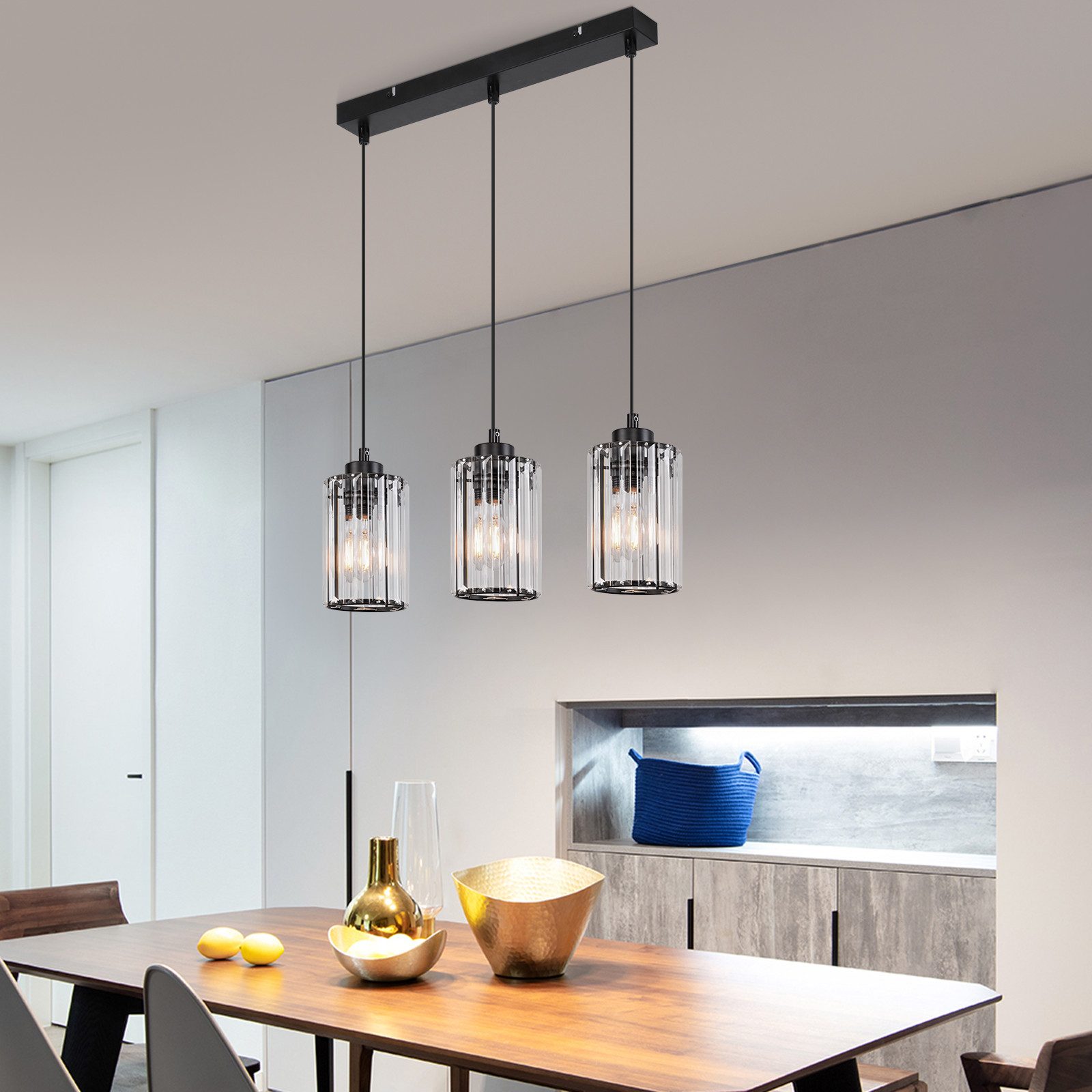 NETTLIFE Nowoczesna czarna kryształowa lampa wisząca nad stół jadalny 3 płomienie E27 - 8