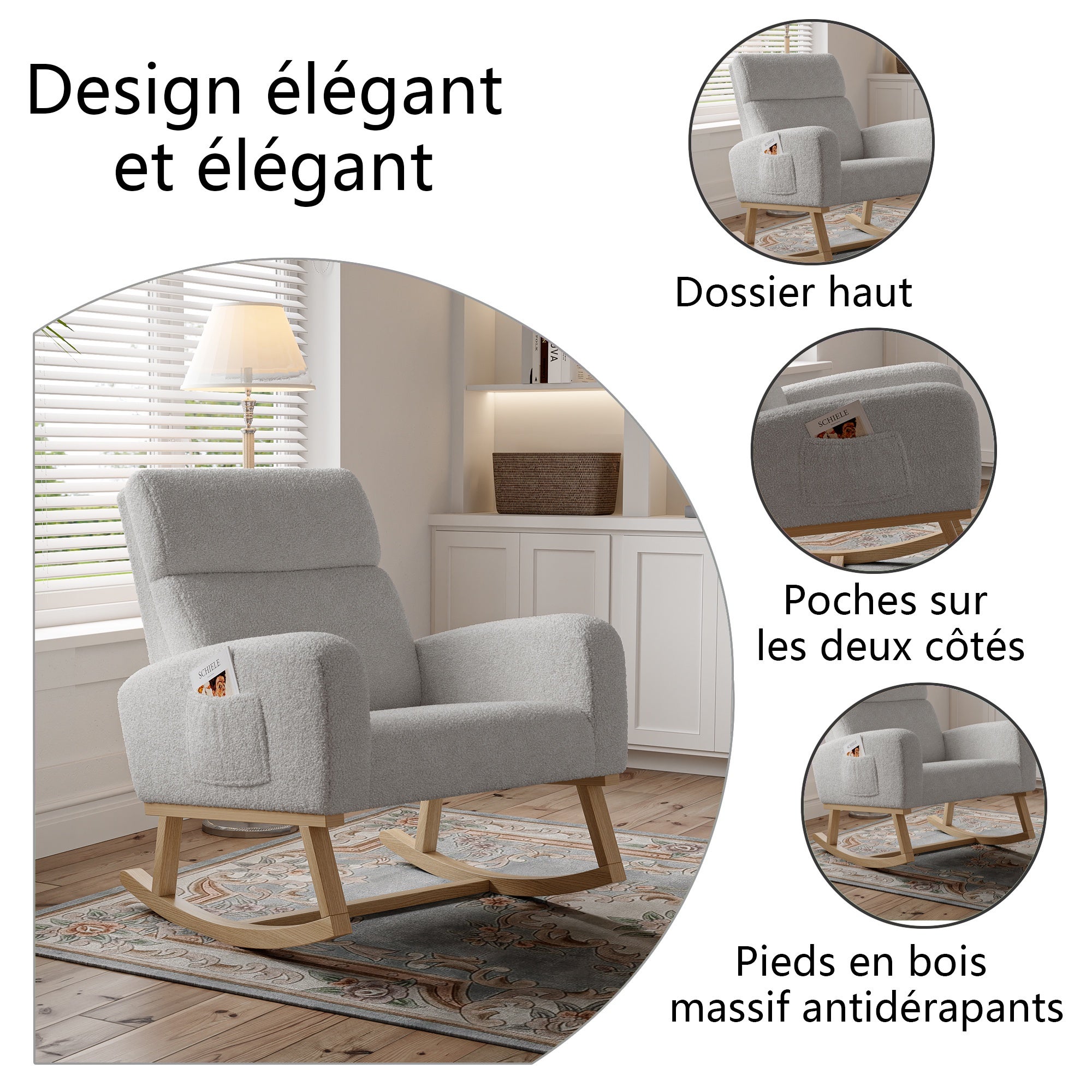 Fauteuil à Bascule - Confort Ergonomique - avec Poches Latérales et Bois Massif - 69.2x78.5x87cm - en Tissu Bouclée Gris Clair - 7