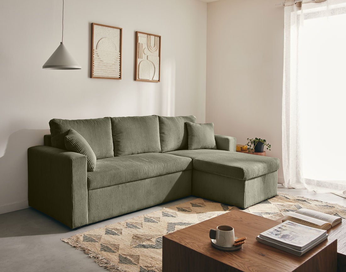Canapé d'angle convertible 4 places en velours côtelé vert - CYRUS - Best Mobilier - 5