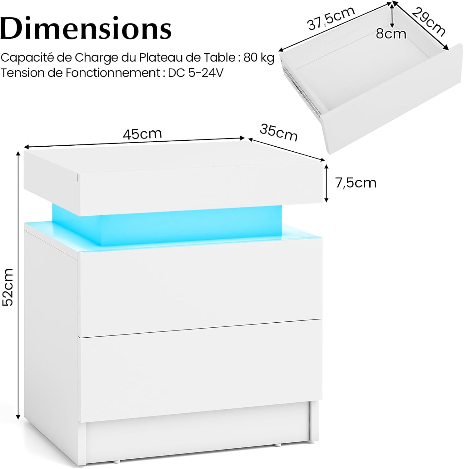 Comodino LED, comodino in finto marmo con 2 cassetti, illuminazione LED a 20 colori, telecomando, tavolino da salotto, 45 x 35 x 52 cm (bianco) - 2
