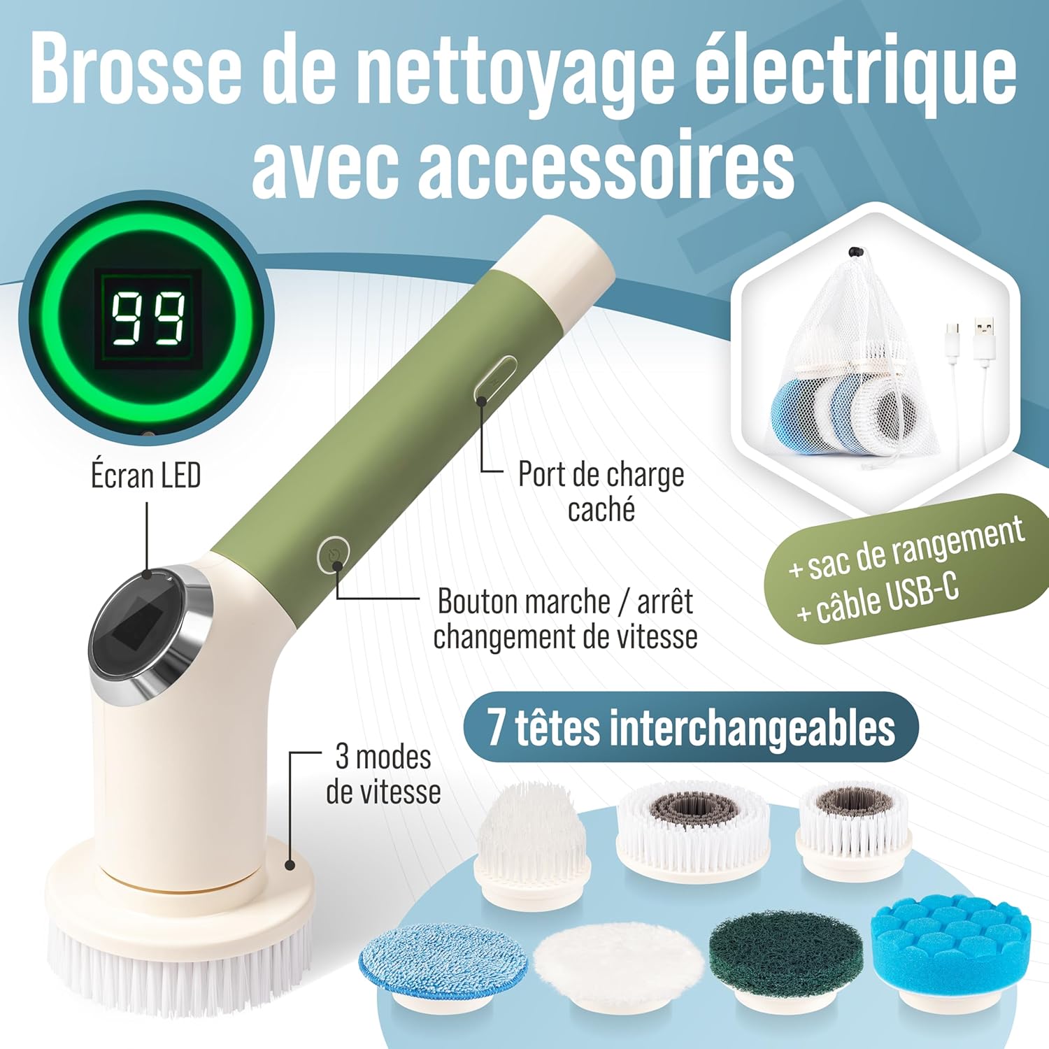 Bezprzewodowa elektryczna szczotka czyszcząca – 7 głowic, 3 prędkości, teleskopowa rączka – obrotowa szczotka akumulatorowa do łazienki, płytek, podłó - 2